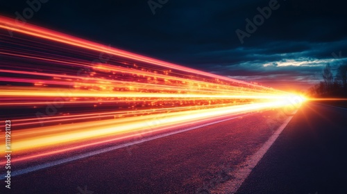Dynamic Light Trail on Dark Road at Sunset with Dramatic Clouds