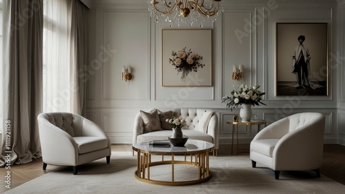 a living room with two chairs and a coffee table in the room is white  but there is no one