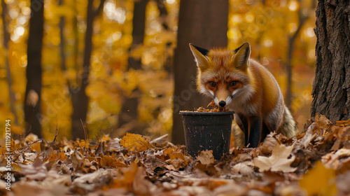 curious fox exploring food container in vibrant autumn forest photo