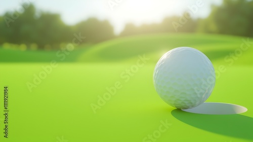 A perfectly placed golf ball, moments from sinking into the hole on a sun-drenched green, promises a satisfying victory. The lush green course stretches beyond, bathed in warm sunlight. photo