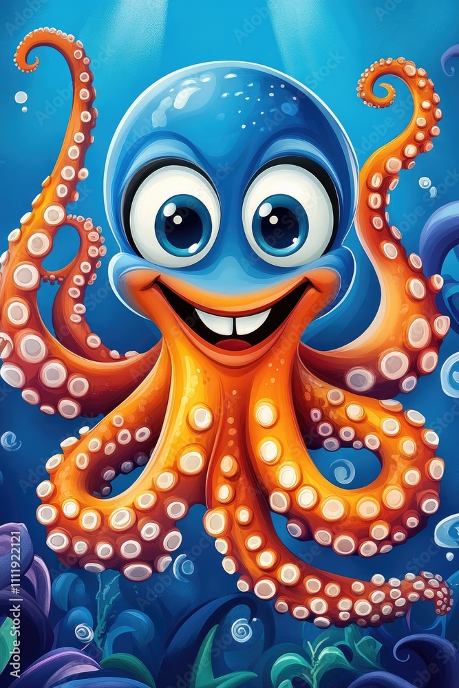 A smiling blue octopus with bright orange tentacles in a vivid underwater scene with coral and bubbles, perfect for cheerful kids posters or marine decor.. A smiling blue octopus with bright orange tentacles in a vivid underwater scene with coral and bubbles, perfect for cheerful kids posters or marine decor..