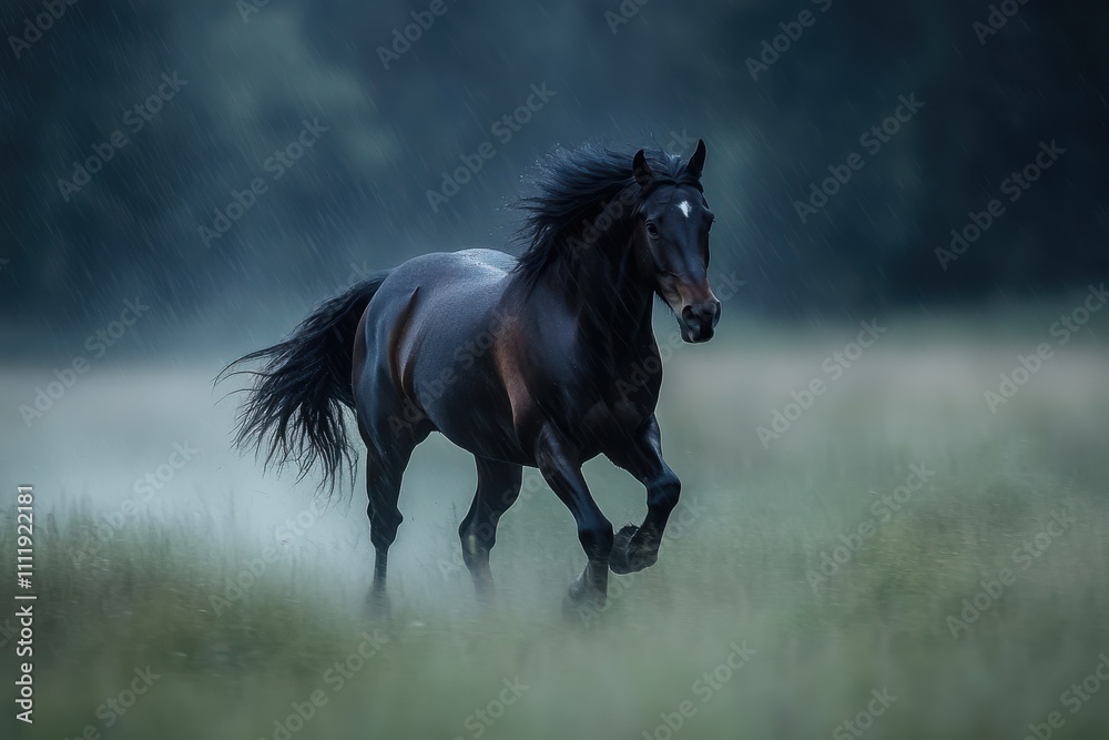 Horse galloping through a rain-soaked meadow, mane flying wild, motion blur enhancing the raw energy and beauty of its untamed spirit, majestic, powerful, nature, wild, speed. Horse galloping through a rain-soaked meadow, mane flying wild, motion blur enhancing the raw energy and beauty of its untamed spirit, majestic, powerful, nature, wild, speed.