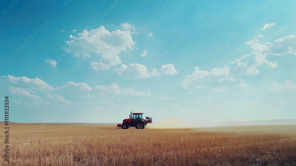 Fototapeta premium Tractor-mounted sprayer applying pesticides to a crop field, precise operation, blue sky,