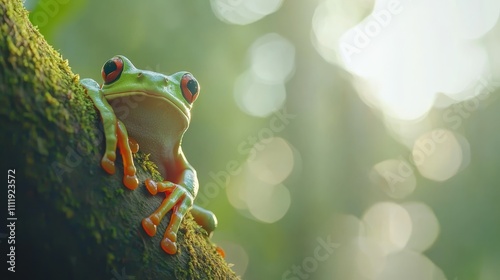 Colorful tree frog perched on a mossy log in a lush rain forest with soft  diffused sunlight and blurred background