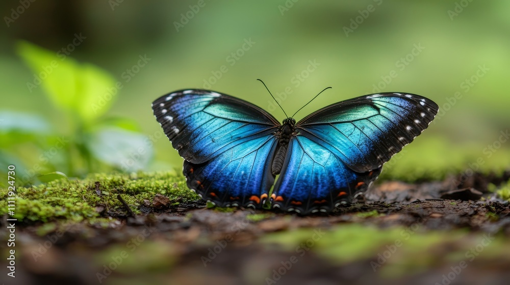 Vibrant Blue Butterfly Wings Spread on Mossy Forest Floor in Soft Natural Light Vibrant Blue Butterfly Wings Spread on Mossy Forest Floor in Soft Natural Light