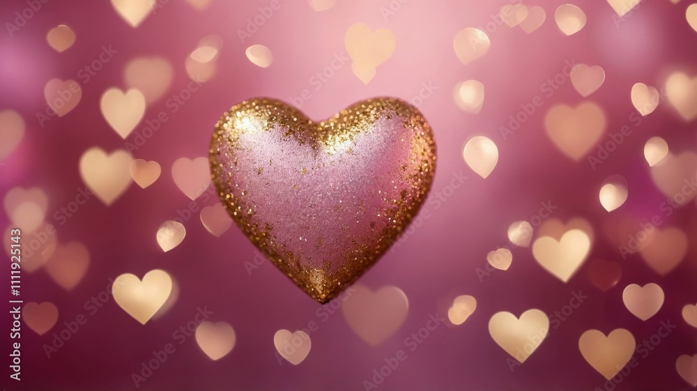 Fototapeta premium Glittery heart ornament hanging by a ribbon, surrounded by soft bokeh hearts on a pink background. Concept of love and romance. Valentines day background