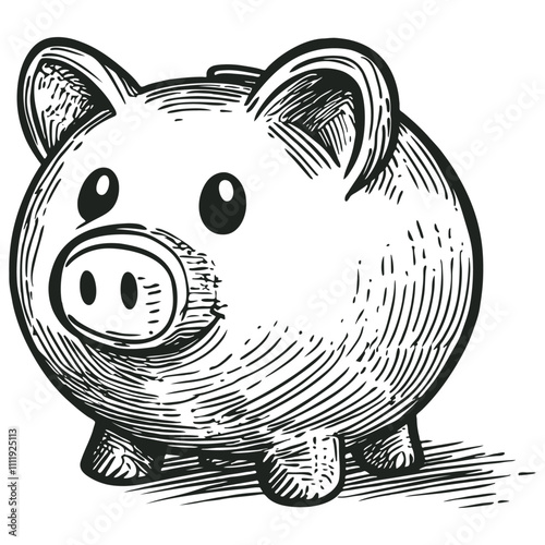 Piggy bank, engraving style, vector illustration.