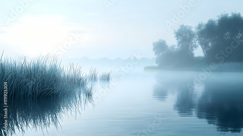 Misty Lake: Calm Water, Reeds Reflecting