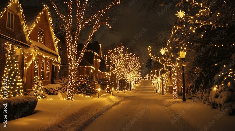 A lovely street decorated with holiday lights, where every tree and home is outlined with glowing Christmas lights, adding a festive atmosphere to the winter scene A lovely street decorated with holiday lights, where every tree and home is outlined with glowing Christmas lights, adding a festive atmosphere to the winter scene