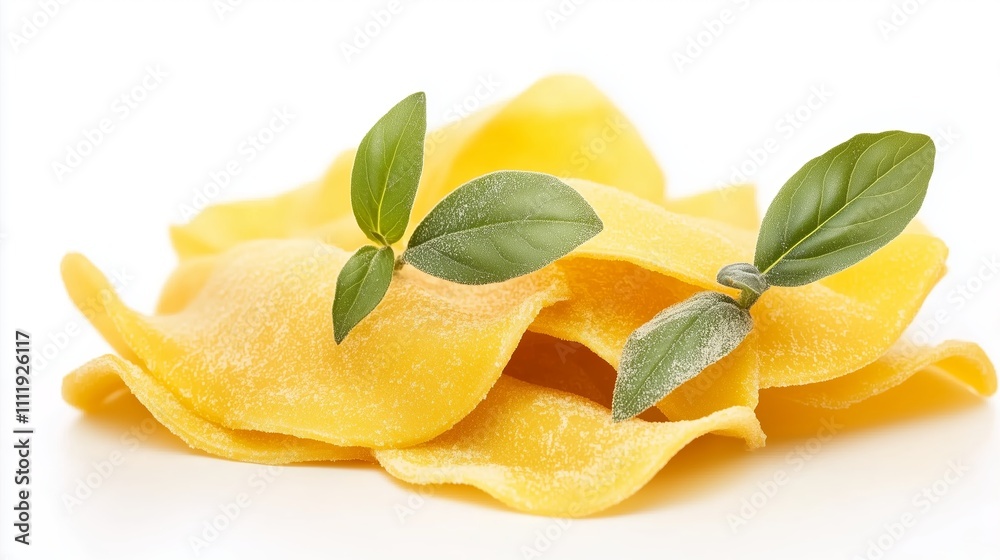Freshly made pasta with basil leaves displayed on a white background for culinary presentation Freshly made pasta with basil leaves displayed on a white background for culinary presentation