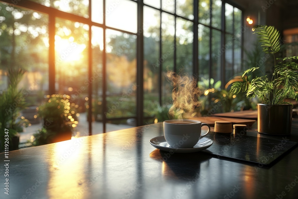 Modern kitchen with sleek countertops, a cup of coffee. Generative AI Modern kitchen with sleek countertops, a cup of coffee. Generative AI