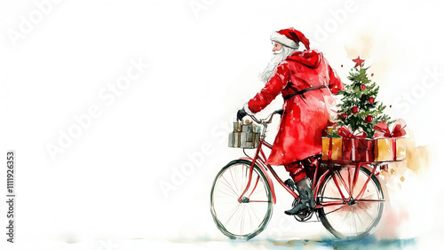 Santa claus on bicycle delivering gifts with christmas tree watercolor illustration on white background with copy space on the left.