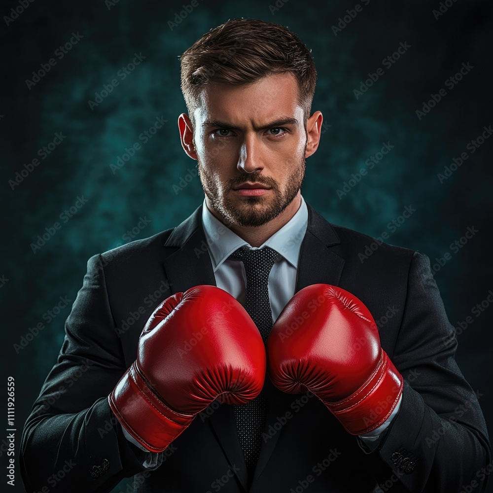 Businessman in suit with boxing gloves shows determination and readiness. Businessman in suit with boxing gloves shows determination and readiness.