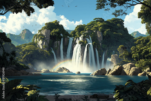 Rainbow Falls: Jungle Waterfall Cascading Into a Crystal Pool