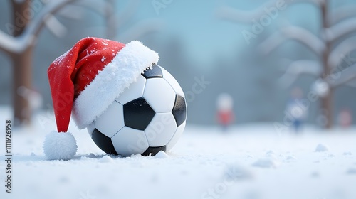 A festive soccer ball rests in the snow, wearing a Santa hat.  Winter wonderland scene, blurry background figures playing. Merry Christmas!