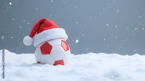 A festive football in a Santa hat rests gently on a snowy landscape, snowflakes softly falling. A perfect blend of winter sports and holiday cheer!