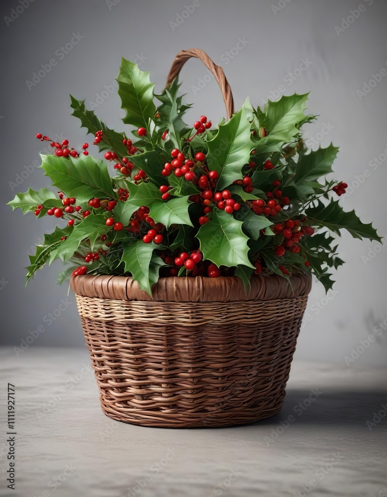 Fresh holly sprig with red berries in a wicker basket, holly, home decor Fresh holly sprig with red berries in a wicker basket, holly, home decor