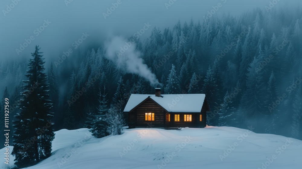 A rustic wooden cabin nestled amidst snow-kissed mountains, a winter wonderland scene A rustic wooden cabin nestled amidst snow-kissed mountains, a winter wonderland scene