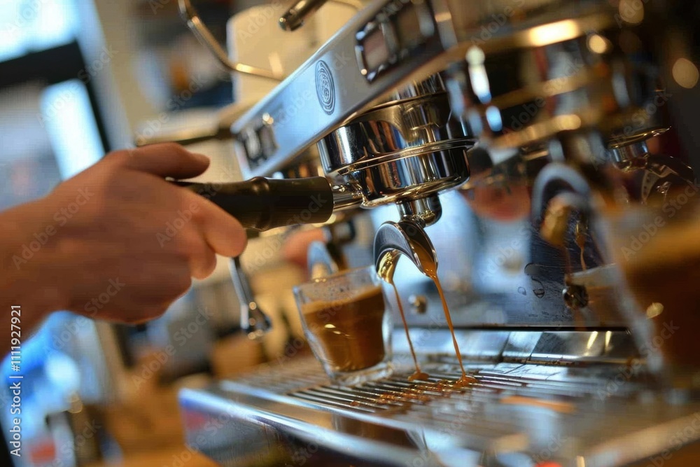 Naklejka premium A barista extracts espresso from a coffee machine.