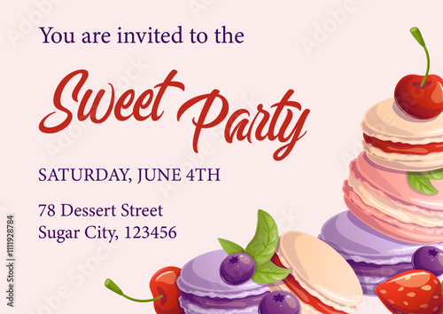 Template with macaroon cookies and berries for baking party, birthday invitation, flyer, sweet food banner. Space for text. Vector illustration.