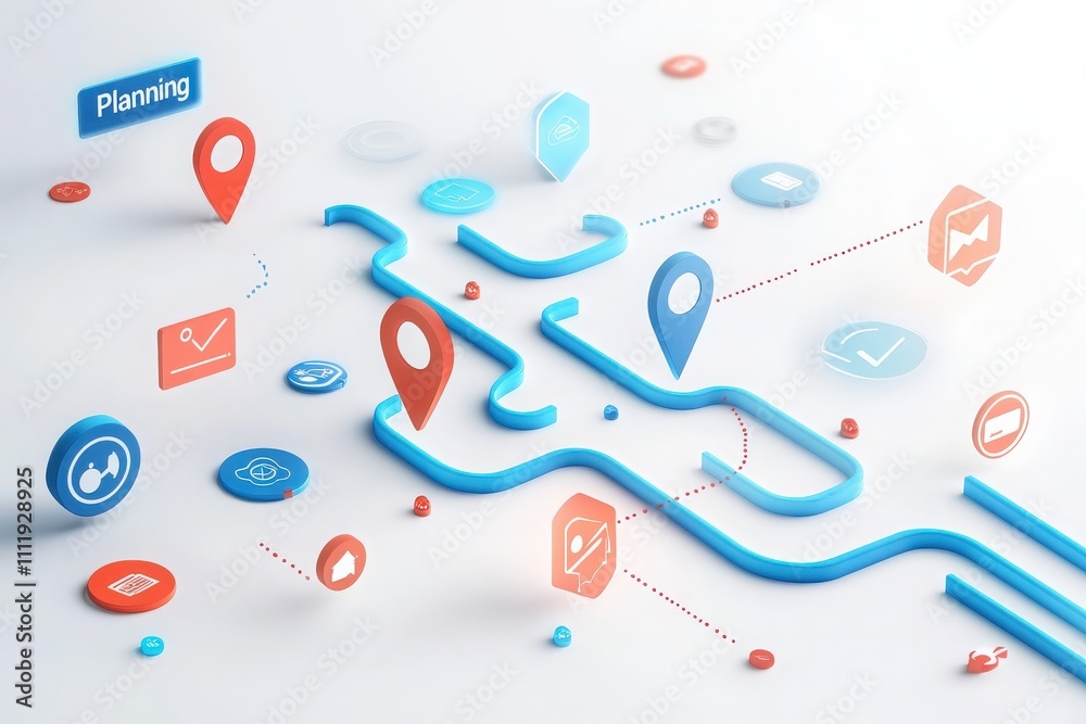 Naklejka premium Colorful icons and pathways depict a digital planning environment, showcasing various project management tools and functionalities. This design emphasizes organization and navigation in workflows.