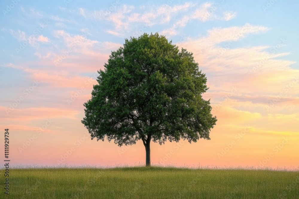 A solitary tree rises in an expansive field as a stunning sunset paints the sky, creating a peaceful atmosphere with plenty of blank space. Generative AI A solitary tree rises in an expansive field as a stunning sunset paints the sky, creating a peaceful atmosphere with plenty of blank space. Generative AI