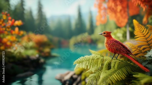 A whimsical fantasy landscape with vibrant colors, where mythical creatures playfully interact with the environment photo