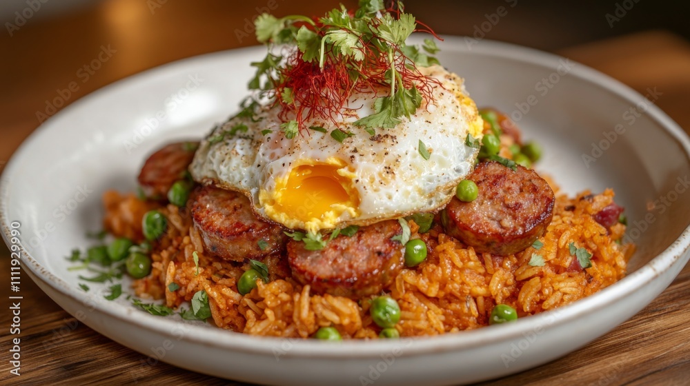 Delicious Fried Egg Topped with Sausage on Spiced Rice Dish Delicious Fried Egg Topped with Sausage on Spiced Rice Dish