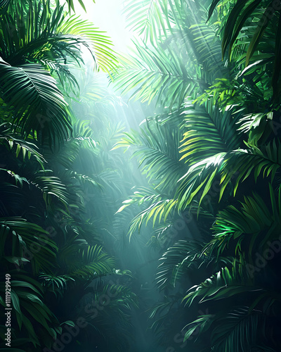 Lush Jungle: Sunlight Filters Through Tropical Palm Leaves