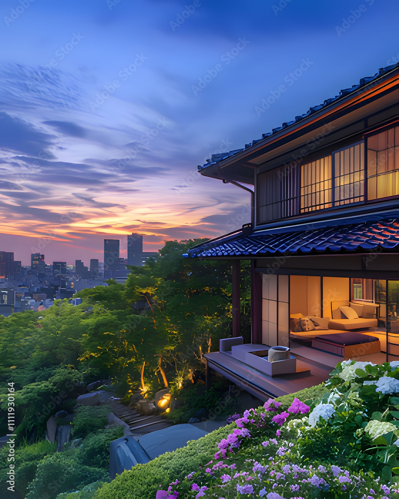 a house with a view of the city in the background. Generative AI a house with a view of the city in the background. Generative AI