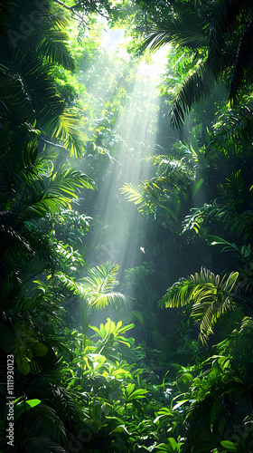 Jungle Canopy Sunlight Beams Through Lush Greenery