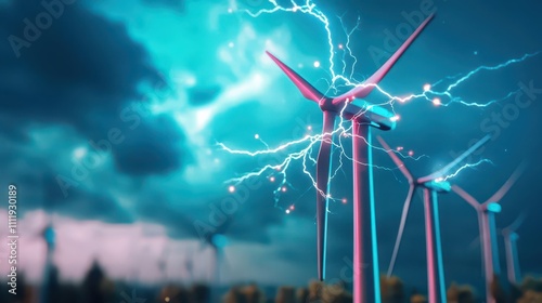 A futuristic electricpowered windmill farm surrounded by a glowing storm, lightning bolts connecting the turbines dynamically photo