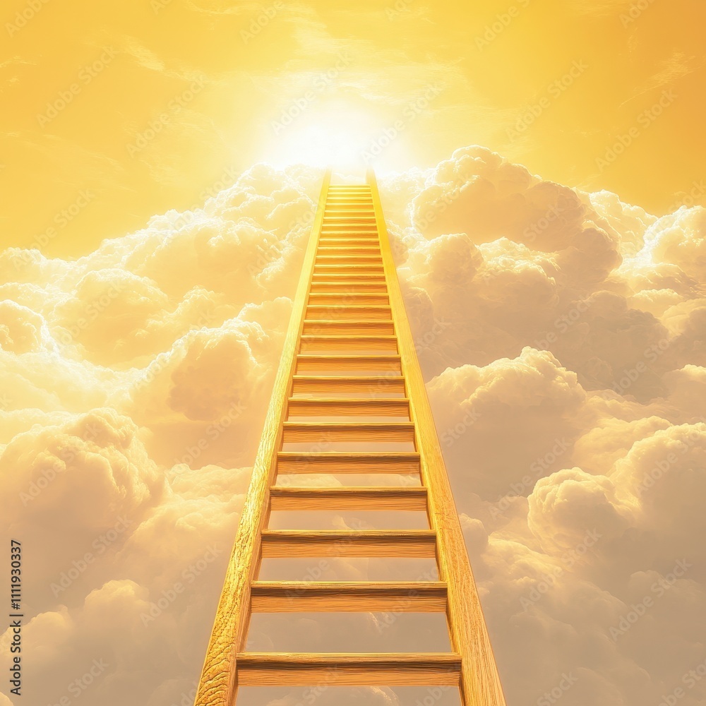 Golden ladder ascending into the clouds under a bright heavenly light symbolizing spiritual ascension Golden ladder ascending into the clouds under a bright heavenly light symbolizing spiritual ascension
