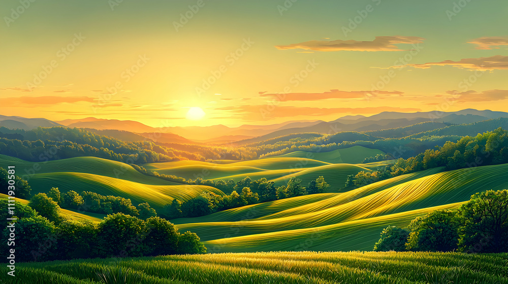 Golden Sunset over Rolling Hills Landscape Golden Sunset over Rolling Hills Landscape