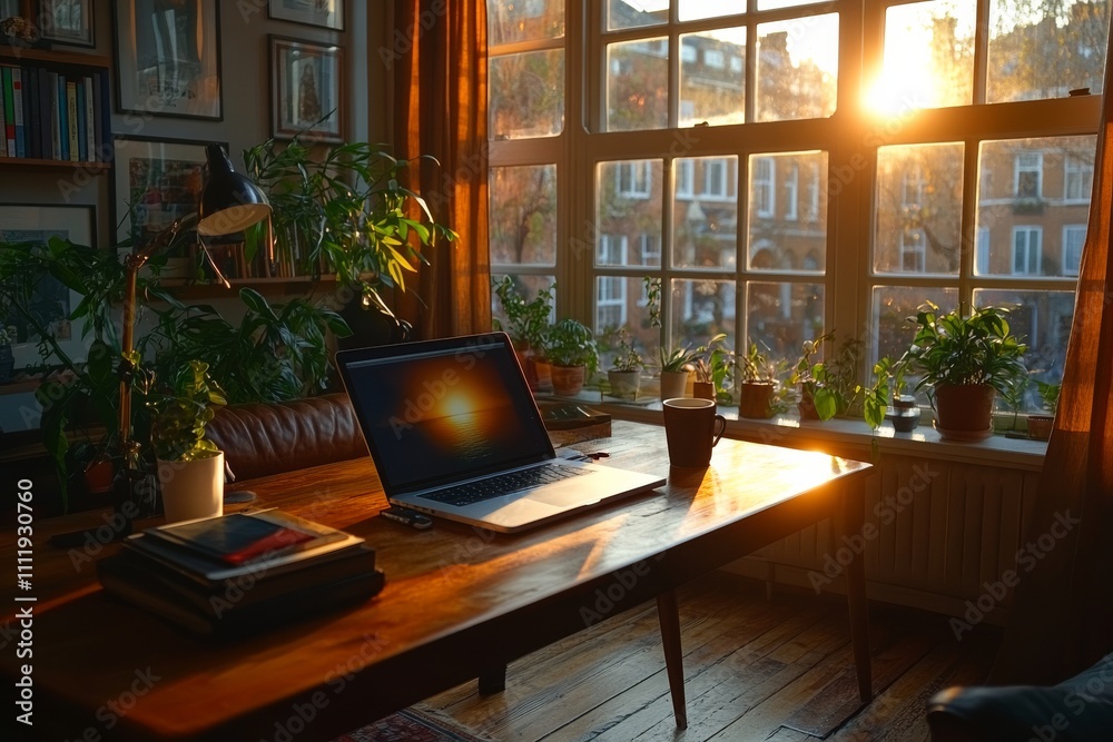 Fototapeta premium Minimalistic home office setup with a clean desk, laptop, coffee cup. Generative AI