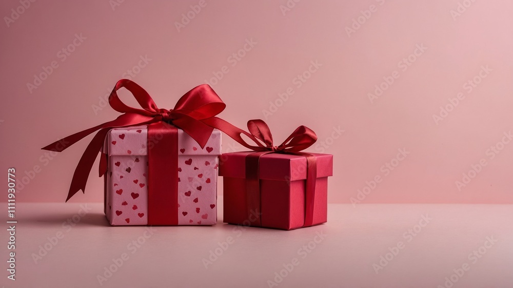 Pink gift box with red ribbon surrounded by roses and red heart shapes on a gradient pink background, concept of romance. Valentines day Pink gift box with red ribbon surrounded by roses and red heart shapes on a gradient pink background, concept of romance. Valentines day