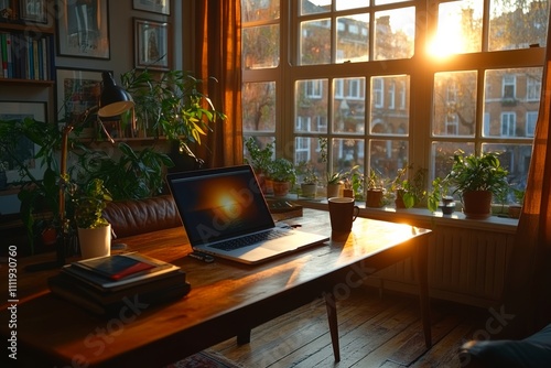 Minimalistic home office setup with a clean desk, laptop, coffee cup. Generative AI