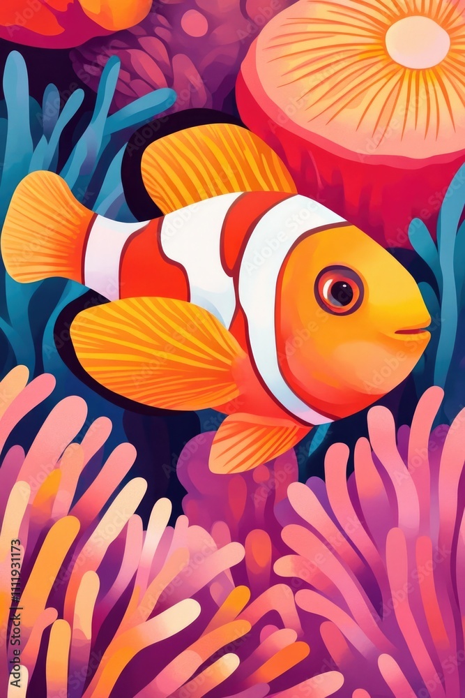 A playful of clownfish with bright orange and white stripes surrounded by pink coral, ideal for whimsical marine-themed decor or kids art.. A playful of clownfish with bright orange and white stripes surrounded by pink coral, ideal for whimsical marine-themed decor or kids art..