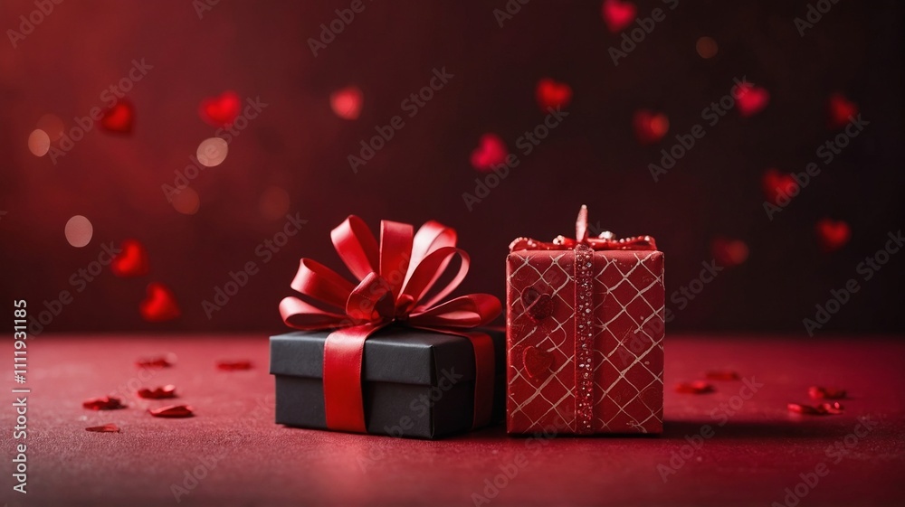 Red present box tied with satin ribbon, on a red background, with red petals floating, symbolizing celebration and romance. Valentines day Red present box tied with satin ribbon, on a red background, with red petals floating, symbolizing celebration and romance. Valentines day