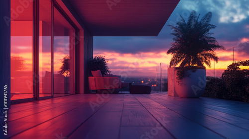  A hyperrealistic 4K depiction of a modern  spacious terrace exuding a cozy ambiance on a vibrant summer day