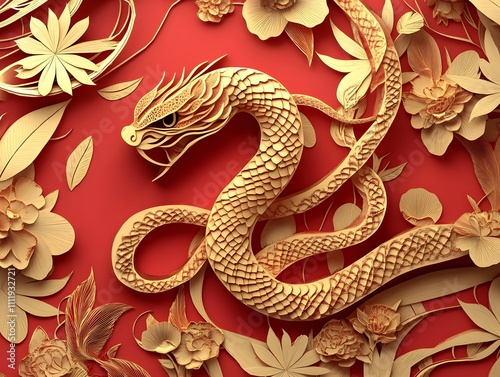 Intricate paper art of a dragon with floral designs.