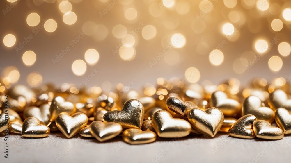 Close-up of golden heart decorations on a soft glowing bokeh background, creating a romantic and luxurious atmosphere. Valentines day Close-up of golden heart decorations on a soft glowing bokeh background, creating a romantic and luxurious atmosphere. Valentines day