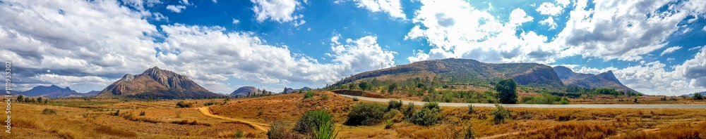 Panoramic scenic landscape with hills and mountains. Panoramic scenic landscape with hills and mountains.