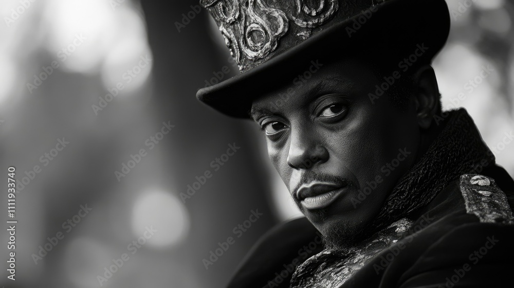 Black and white portrait of a man in a top hat, serious expression. Black and white portrait of a man in a top hat, serious expression.