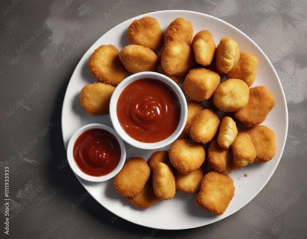 Overhead shot of plate with multiple chicken nuggets and dipping sauce, crunchy exterior, food platter, juicy interior Overhead shot of plate with multiple chicken nuggets and dipping sauce, crunchy exterior, food platter, juicy interior