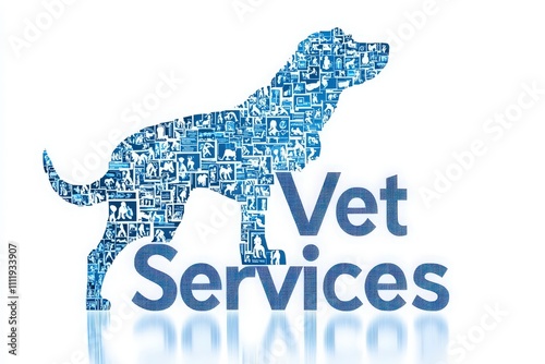 A blue logo featuring a dog silhouette filled with various images related to pet care. This design represents vet services aimed at animal health and well-being in a modern style. photo