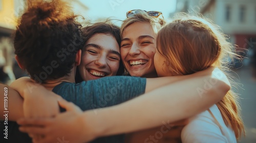 Three friends laugh as they embrace.