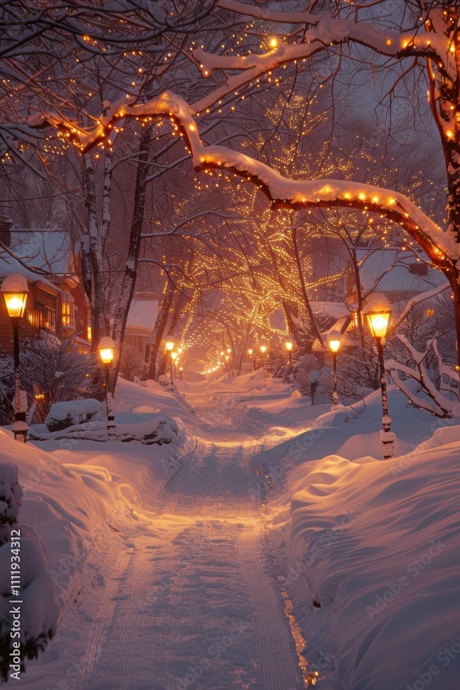A serene winter pathway illuminated by soft lights and snow. A serene winter pathway illuminated by soft lights and snow.