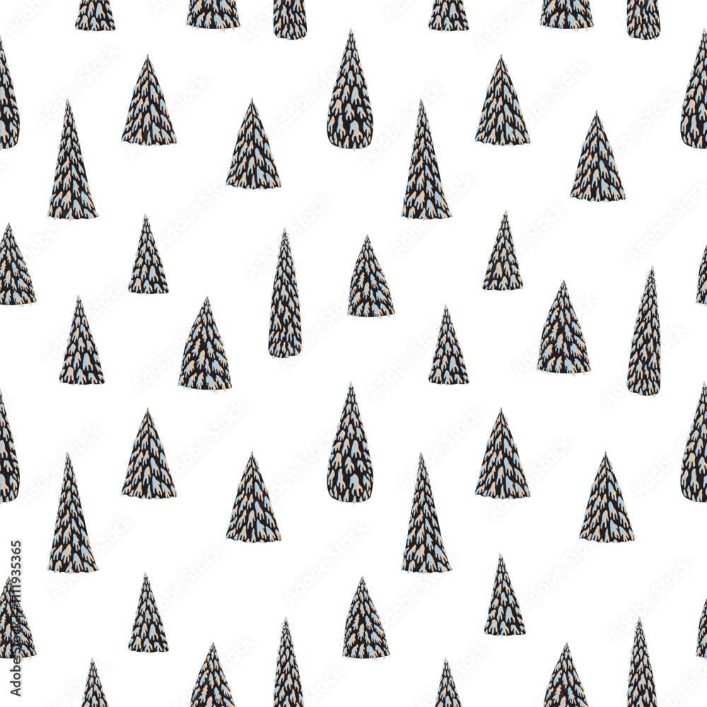 Obraz premium Vector winter landscape seamless pattern, fairy tale fir trees. Christmas and New Year vacations background