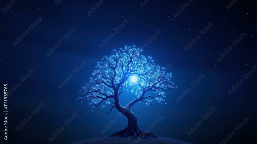 Enchanting Blue Tree Under Starlit Night Sky, Perfect for Wallpapers, Meditation, and Digital Art Enchanting Blue Tree Under Starlit Night Sky, Perfect for Wallpapers, Meditation, and Digital Art